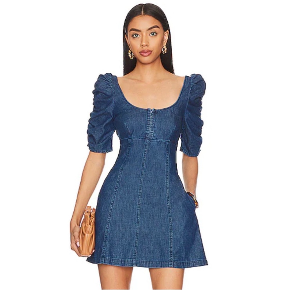 Free People Denim Cheyenne Mini Shirt Dress Front Short Sleeve Womens M